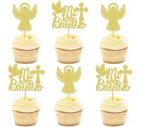 Ercadio Lot de 24 décorations pour cupcakes Mi Bautizo à paillettes dorées en forme de croix d'ange colombe religieux sur le thème du baptême, fête prénatale, fête d'anniversaire d'enfants