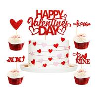 Ercadio Lot de 25 décorations pour cupcakes en forme de cœur avec inscription « Happy Valentine's Day » Rouge pailleté