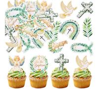 Ercadio Lot de 28 décorations de cupcakes argentées à paillettes pour baptême de garçon, motif ange, calice, bible, croix sur le thème du baptême chrétien, fête prénatale, fête prénatale, décoration