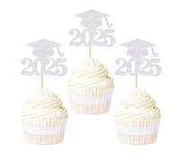 Ercadio Lot de 36 décorations pour cupcakes en forme de chapeau de remise de diplôme 2021 à paillettes argentées