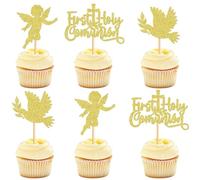 Ercadio Mi Bautizo Lot de 24 décorations pour cupcakes avec croix d'ange et colombe à paillettes dorées pour baptême, fête prénatale, anniversaire d'enfant