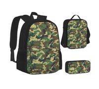 ERCgad Ensemble de sacs d'école 3 en 1 en toile avec imprimé camouflage militaire vert, sac à dos, sac à déjeuner, trousse à crayons pour homme et femme