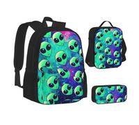 ERCgad Ensemble de sacs d'école 3 en 1 en toile avec imprimé extraterrestres verts - Sac à dos, sac à déjeuner, trousse à crayons - Pour homme et femme