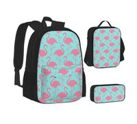 ERCgad Ensemble de sacs d'école 3 en 1 en toile imprimée flamant rose rouge, sac à dos, sac à déjeuner, trousse à crayons pour homme et femme