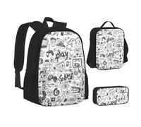 ERCgad Ensemble de sacs d'école 3 en 1 monochrome avec impression de jeu de style esquisse, sac à dos, sac à déjeuner, trousse à crayons pour homme et femme