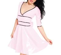 ERFSQIYALHJ Mini Robe Patchwork en Faux Latex PVC Wetlook Robe plissée à Manches mi-Longues et col en v Profond (Rose Clair,TTG)
