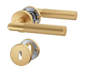 ERGO line BAUHAUS Poignée de porte d'intérieur, or, pour portes d'intérieur à clé, paire de poignées de porte sur rosaces rondes, doré, Or mat PVD, acier inoxydable, poignée