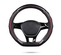 Ergocar Couvre Volant de Voiture D-forme Fibre de Carbone & Peau de Vache de Première Couche Volant Protecteur Antidérapant pour diamètre 38cm(15 ") (D-Noir-rouge)