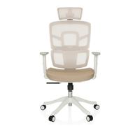 MyBuero Siège de Travail Ergonomique ERGOMY I W Chaise de Bureau avec Appui-lordose Flexible, Appui-tête, accoudoirs, Dossier résille, Tissu Beige