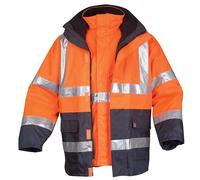 Ergos Cervin | Parka Haute-Visibilité Multirisque | Protection Contre Les Risques Intempéries & Du Froid | Manteau De Chantiers | Doublure amovible | Orangle Fluo/Marine | Du S au 5XL