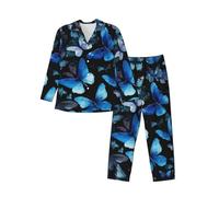 ERhoug Ensemble de pyjama à manches longues pour homme, imprimé papillons bleus, fleurs blanches, vêtements de nuit doux avec poches, ensembles de salon boutonnés pour hommes, Noir , M