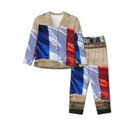 ERhoug Ensemble de pyjama doux à manches longues avec bouton vers le bas, imprimé drapeau français pour les vêtements de nuit et les vêtements de détente, Noir , XXL