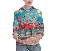 ERhoug Flock Of Pink Flamingos On The Beach Print Pull à capuche pour femme, pull à capuche décontracté à manches longues avec cordon de serrage et poche, pour l'entraînement et le quotidien, Noir , L