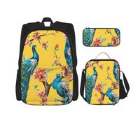 ERhoug Sac à dos, sac à déjeuner, trousse à crayons, ensemble de 3 pièces | Beau imprimé paon, tissu Oxford robuste, sac à livres, sac à déjeuner, sac à dos pour ordinateur portable