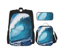 ERhoug Sac à dos, sac à déjeuner, trousse à crayons, ensemble de 3 pièces | Big Ocean Wave Impression HD Tissu Oxford robuste Sac à dos à déjeuner Sac à dos pour ordinateur portable Sac de voyage