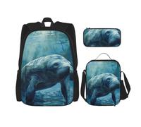 ERhoug Sac à dos, sac à déjeuner, trousse à crayons, ensemble de 3 pièces | Imprimé animaux lamantins, tissu Oxford robuste, sac à livres, sac à déjeuner, sac à dos pour ordinateur portable