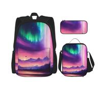 ERhoug Sac à dos, sac à déjeuner, trousse à crayons, ensemble de 3 pièces | Imprimé aurores boréales sombres du Nord, tissu Oxford robuste, sac à livres, sac à déjeuner, sac à dos pour ordinateur