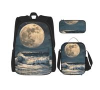 ERhoug Sac à dos, sac à déjeuner, trousse à crayons, ensemble de 3 pièces | Imprimé lune et mer, tissu Oxford robuste, sac à livres, sac à déjeuner, sac à dos pour ordinateur portable
