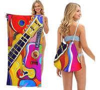 ERhoug Sac de serviette de plage 2 en 1 avec imprimé de guitares acoustiques et colorées, sac à dos pliable pour le camping, les voyages et les vacances, tapis en microfibre convertible à séchage