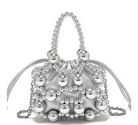 ERHTGUO Beaded Woven Bag Fashionable Crossbody Handbag Elegant Design Dinner Polyester Lining Hard Acrylic Material(Silver)