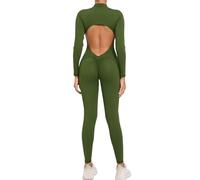 ERHTGUO Combinaison de Yoga for femmes, vêtements sport, fermeture éclair, manches longues, dos ouvert, survêtement Fitness, serré, salopette gymnastique, body(Green,L)