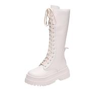 ERICAT Bottes de Cavalier à Lacets Bottines à Fond épais de Style Britannique Bottes à Hauteur de Femme Bottes d'automne et d'hiver à Talon épais de Couleur Unie Bottines de Motard à Fond épais