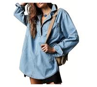 ERICAT Cautiousm Chic & Comfy Denim Pullover - Button V Neck Blouse,Womens Loose Fit Long Sleeve Jean Jacket(Blue,XL)