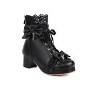 ERICAT Chaussures Courtes Lolita Femme Noeud lacé Chaussures de Cheville à Talon Moyen Chunky à Lacets Chaussures de Princesse Noires Grande Taille Bottes Confortables pour Femmes