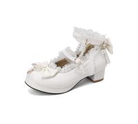 ERICAT Chaussures Lolita Blanches avec nœud, Dentelle Mary Jane, Perles Candy, Talon Moyen, Chaussures Hautes, Mignonnes, Style fée, Chaussures Basses, Chaussures de Princesse
