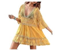 ERICAT Chicovar Lace Coverup, Chicovar Lace Swim Dress For Women, Summer Sexy Beach Dress Swimsuit Long(Yellow)