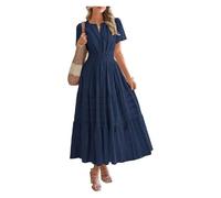 ERICAT Womens Summer Lightweight Short Sleeve V Casual Dresses,2025 Elastic Waist Beach Dress Pockets(Navy Blue,S)