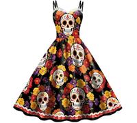 Ericetion Robe Maxi Imprimée Tête De Mort Mexicaine, Coupe Trapèze Décontractée, Idéale pour Halloween Ou Fête des Morts. Robe sans Manches À Imprimé Tête De Mort pour Une Soirée À Plage.