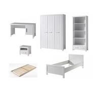 ERIK Lit simple + Bureau + sommier + Chevet + armoire 3 portes + Bibliothèque