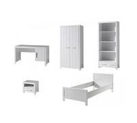 Chambre enfant 5 pièces lit chevet bureau bibliothèque et armoire 2 portes pin massif laqué blanc Erik 90x200 cm