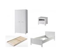 Vipack Erik Lit Simple + Chevet + Sommier + Armoire Deux Portes Blanc