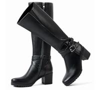 ErikenUrben Femmes Genoux Bottes de Cheval Talons Metal Boucle Bottes Tall Calf Bottes Black Taille 40