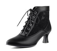 ErikenUrben Femmes Vintage Victorian Bottes Lace Bridal Mariage Cheville Bottes Bout Fermé Talon de Chaton Mesh Granny Bottillonss Black Taille 48