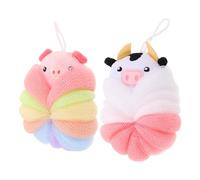 ERINGOGO 2pcs Éponges de Bain de Dessin Animé pour Garçon et Filles, Exfoliant Corporel en Maille Pe, Facile à Suspendre, Forme Cochon et Vache, Accessoires de Mignons