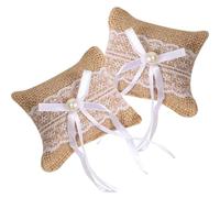 ERINGOGO Coussin pour Alliance Coussin Rond décoratif pour Bagages Lot de 2 en Toile de Jute et Dentelle Blanche, Perles et Rubans, Accessoire pour Mariage champêtre et Demande en Mariage