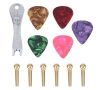 ERINGOGO Ensemble 12 Pièces D'accessoires Réparation Guitare Comprenant 6 Chevilles de Chevalet en Laiton, 1 Extracteur de Chevilles, 5 Médiators Couleur Aléatoire, Kit