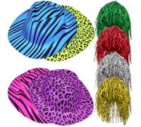 ERINGOGO Ensemble de 4 Perruques Pailletées et 4 Chapeaux de Fête Imprimé Animal Taille Unique Accessoires Fluo pour Soirées Déguisées Carnavals et Photobooth Adultes Couleur Aléatoire