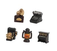 ERINGOGO Lot de 5 Figurines Miniatures Rétro en Résine Écologique - Tourne-Disques Machine à Écrire Piano Magnétoscope Lampe à Huile - Décoration Vintage pour Maison de Poupée et