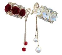 ERINGOGO Pinces à Cheveux Pour Femmes Lot De 2, Barrettes Métalliques Décoratives Motif Floral Et Pompons, Résistantes à L'usure, Adaptées Cheveux Épais Ou Fins, Mariage Et Fêtes