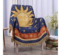 Beautiful-tech Erke Couverture de canapé tissée Double Face en Coton avec Pompons décoratifs - Motif Soleil, Lune, étoiles, Jaune/Bleu (127 x 177,8 cm)