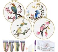 ERKOON Kit de broderie pour débutants, 4 ensembles de broderie au point de croix oiseaux et fleurs pour adultes avec motifs et instructions (français non garanti), vêtements de couture, cercles en