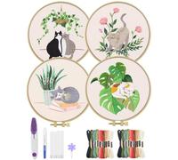 ERKOON Lot de 4 kits de broderie pour débutants - Ensemble de point de croix chat pour adultes - Comprend un tissu de broderie, des cerceaux, des fils - Kits de broderie à faire soi-même pour les