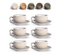 Erkundpresso. 6 Tasses à Café Expresso avec Soucoupes-Tasses 100ml avec Anse - Motif Rayé - Couleurs Uniques de Kiln, Parois Épaisses, Coffret Luxe,Conserve la Chaleur, Idéale pour Café & Thé - Blanc