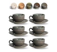 Erkundpresso. 6 Tasses à Café Expresso avec Soucoupes-Tasses 100ml avec Anse - Motif Rayé - Couleurs Uniques de Kiln, Parois Épaisses, Coffret Luxe,Conserve la Chaleur, Idéale pour Café & Thé - Gris