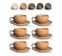 Erkundpresso. 6 Tasses à Café Expresso avec Soucoupes-Tasses 100ml avec Anse - Motif Rayé - Couleurs Uniques de Kiln, Parois Épaisses, Coffret Luxe,Conserve la Chaleur, Idéale pour Café & Thé - Marron