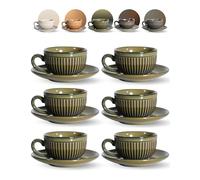 Erkundpresso. 6 Tasses à Café Expresso avec Soucoupes-Tasses 100ml avec Anse - Motif Rayé - Couleurs Uniques de Kiln, Parois Épaisses, Coffret Luxe,Conserve la Chaleur, Idéale pour Café & Thé - Vert